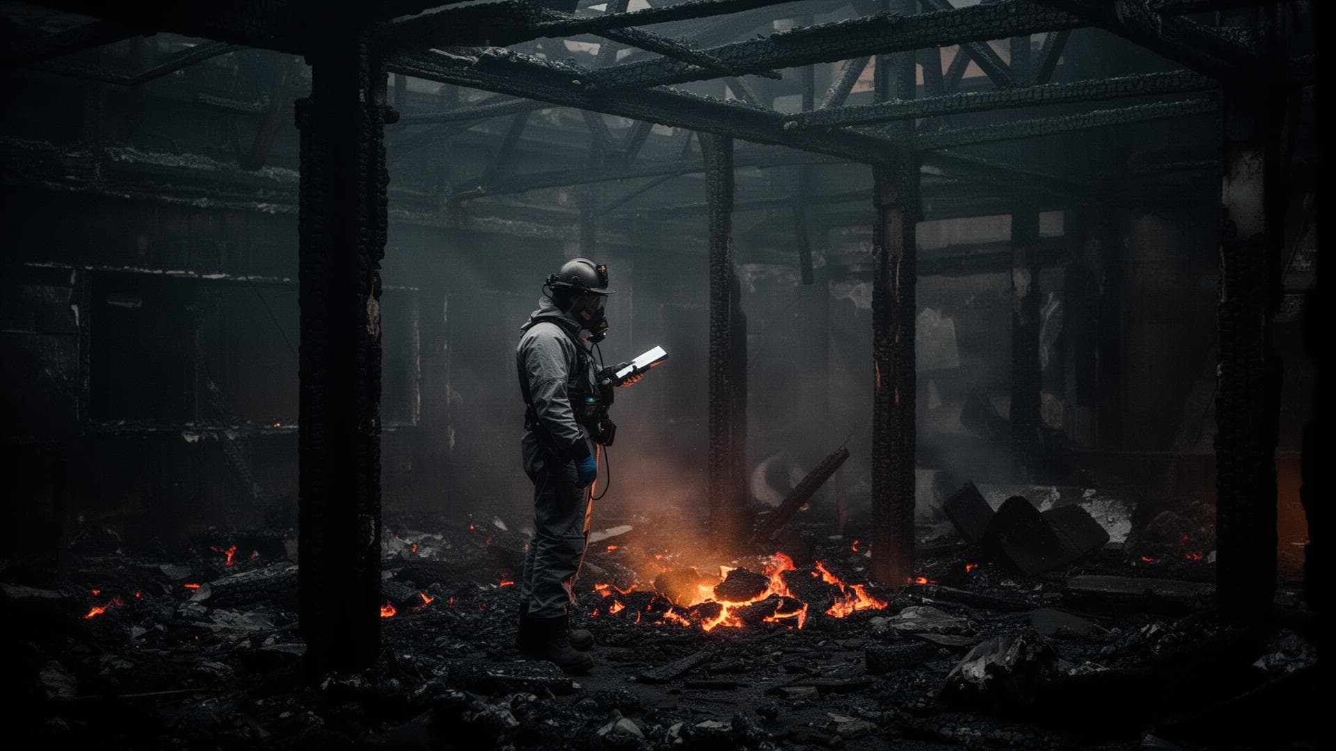 Perito documentando local de incêndio em estrutura industrial